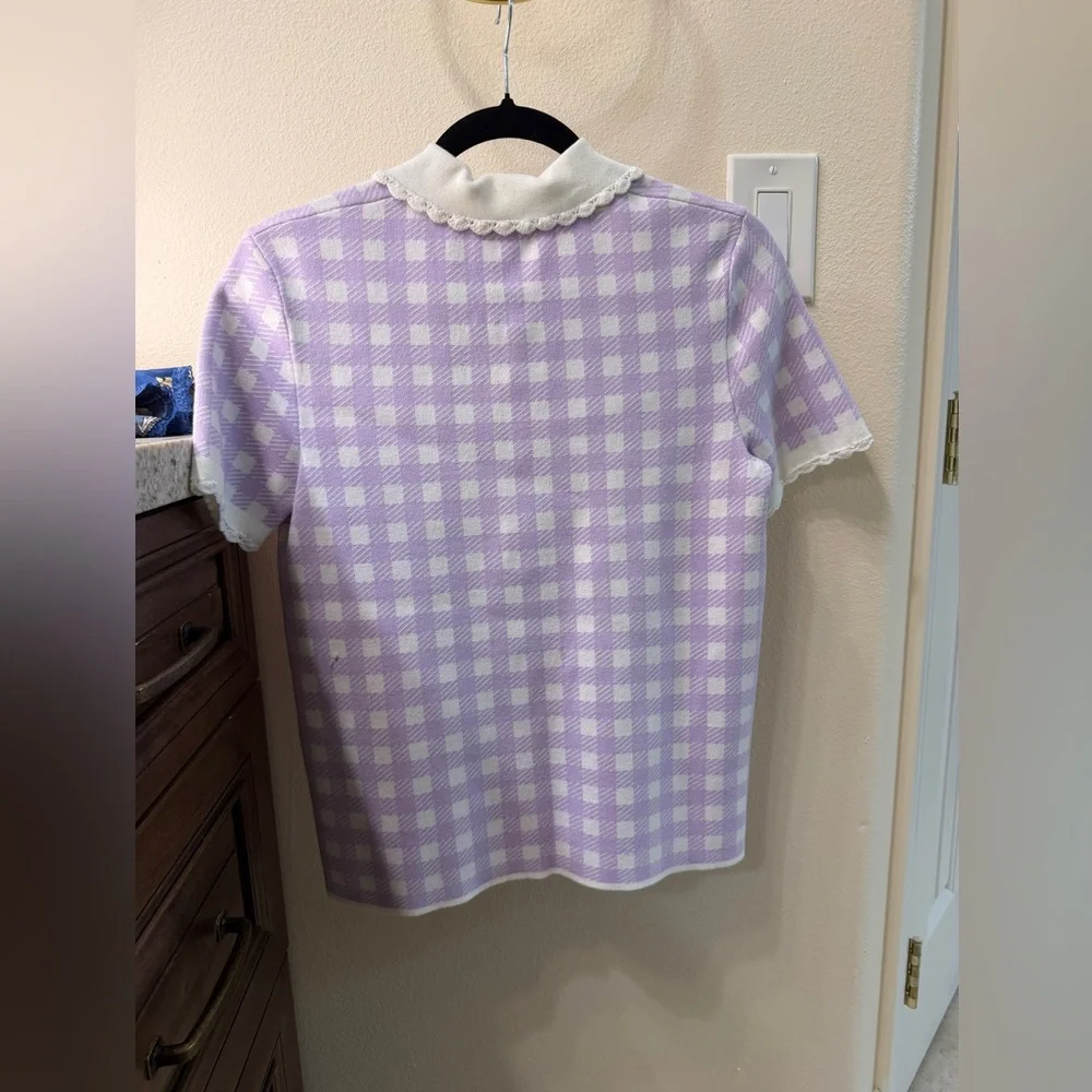 Maje woman’s Lavender Gingham Collared Knit Top with Scalloped Trim - Picture 6 of 8